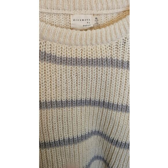 Dreamers by Debut Cream Gray Stripe Sweater with Denim Sleeves – Size XL - Picture 3 of 8